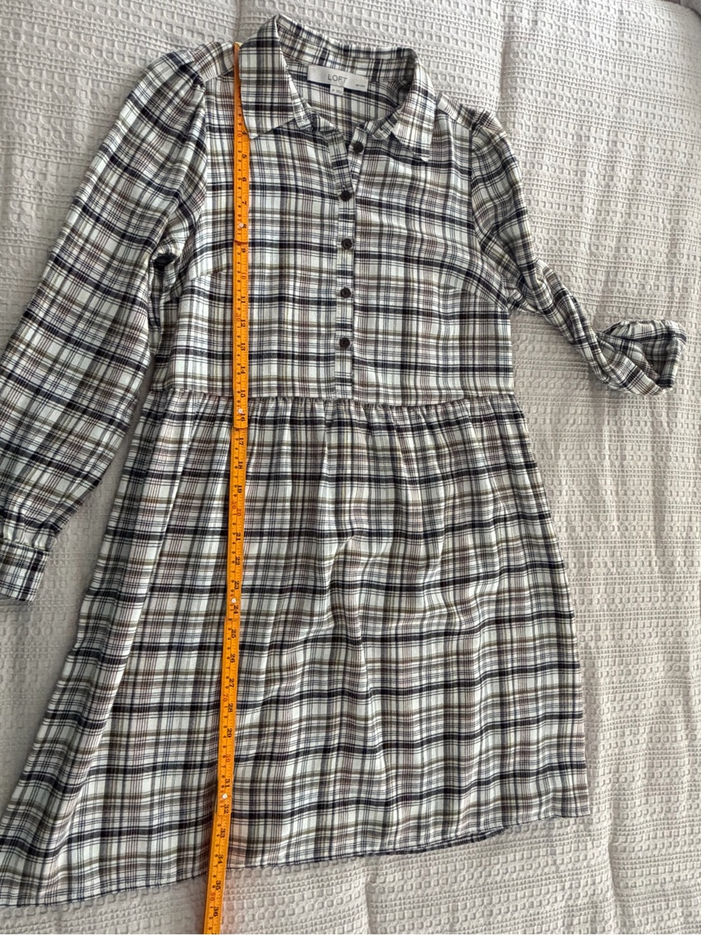 LOFT Plaid Button-Down Midi Babydoll Shirt Dress SP Dark Academia Preppy Fall - Picture 8 of 9